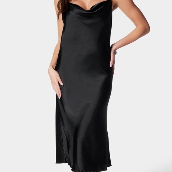 bebe Dresses & Skirts - Bebe Black Satin Maxi Dress M Cowl Neck Slip Evening Formal Minimalist